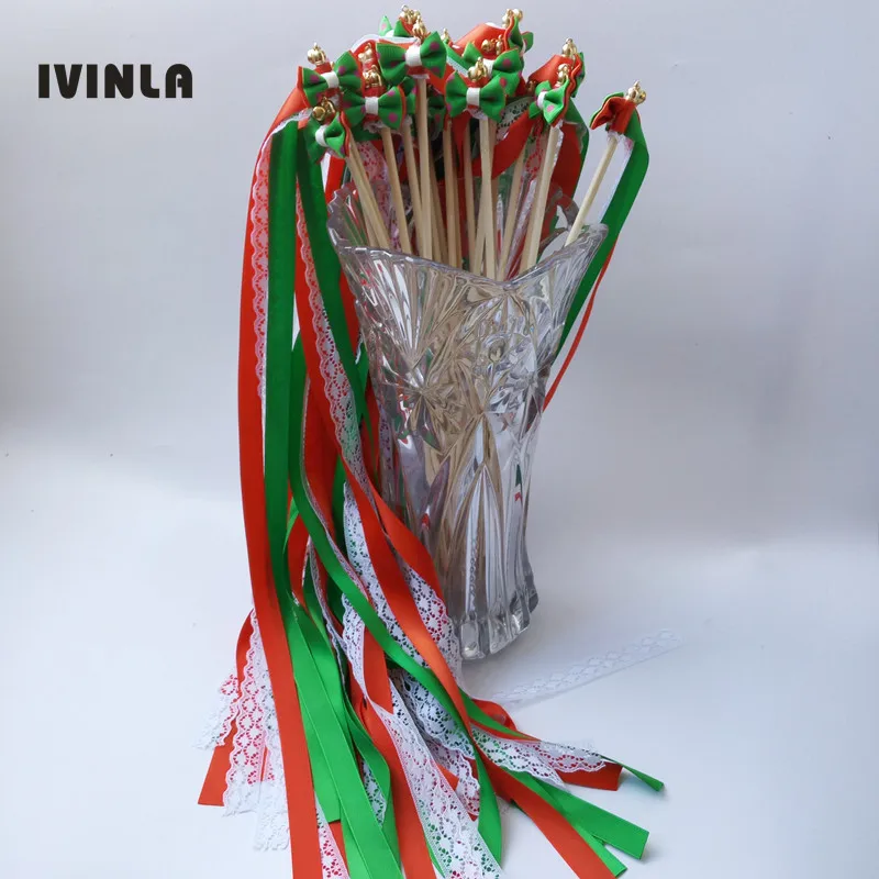 Hot selling red green  wedding ribbon wands stick with bell bowknot and lace fairy wedding party celebrate decoration