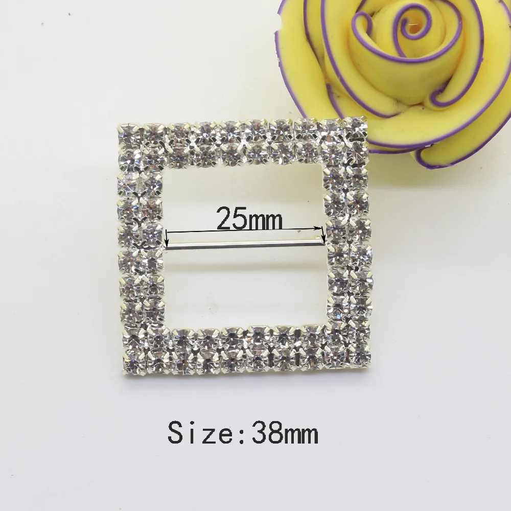 10pcs 38mm Rhinestone Buckle metal bottons Diamante Crystal Slider Two Row rhinestone square Wedding Invitation card Decoration