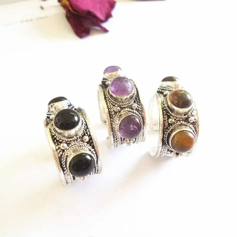 Real Tibetan Ethnic Rings White Metal Copper inlaid Three Beads Open Rings Tiger Eye Ring for Man R245 