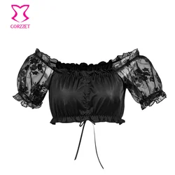 Donna Organza nera floccata floreale con spalle scoperte manica corta estate Crop Top Tee canotta Clubwear corsetto accessori coordinati