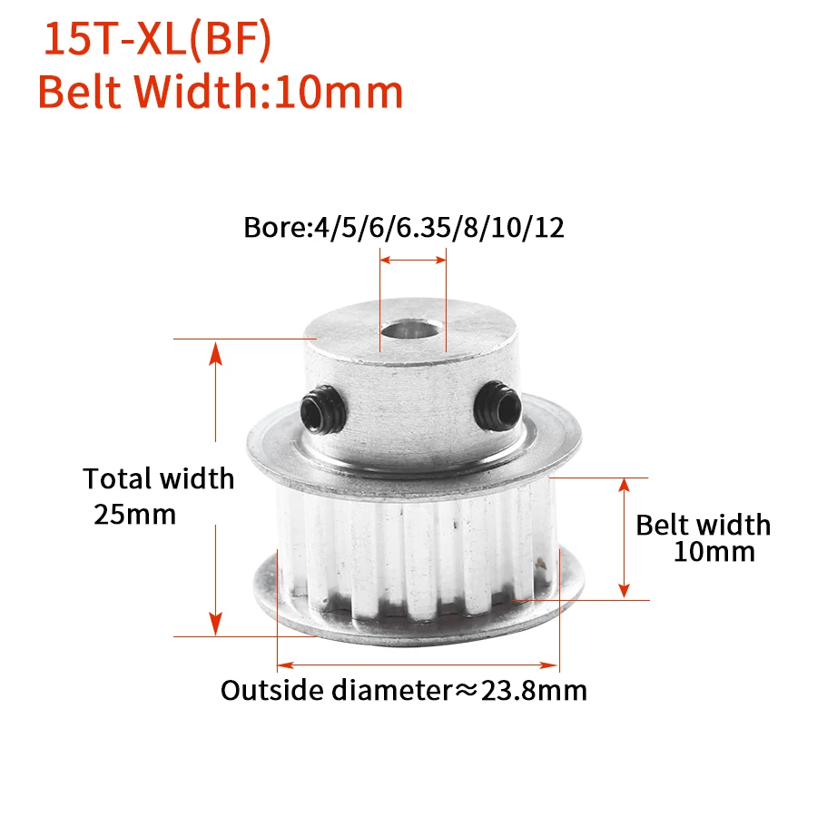 Bycdj 15Teeth XL Timing pulley Bore 5/6/6.35/8/10/12mm for width 10mm XL Synchronous Belt 15-XL BF Gear 5.08mm Pitch Transmisson