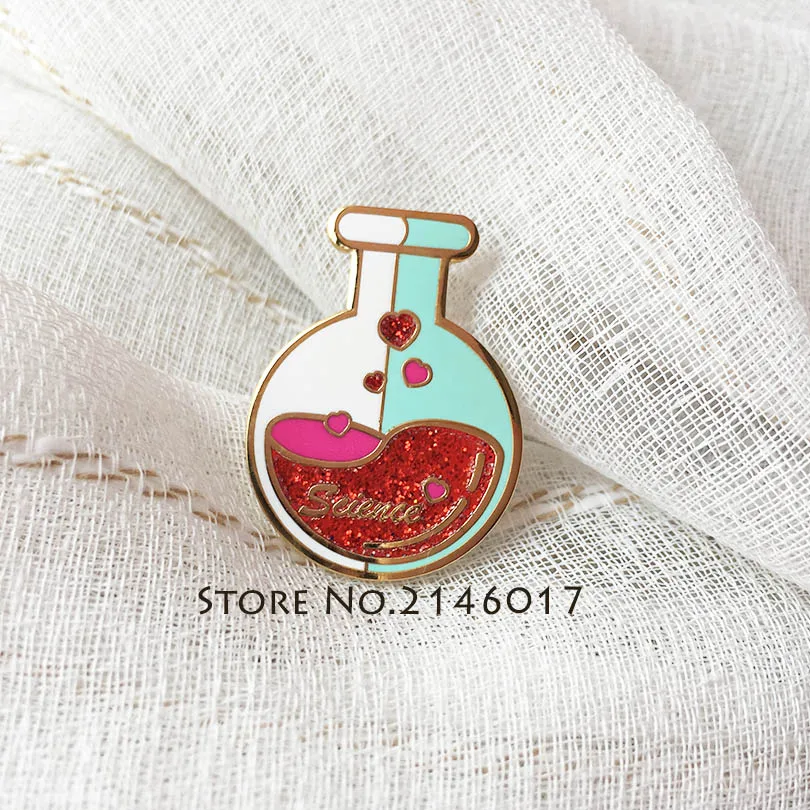 50pcs Custom Pins and Brooch Fantastic Chemical Knowledge Study Lab Flask Hard Enamel Metal Glitter Badge Science Lapel Pin