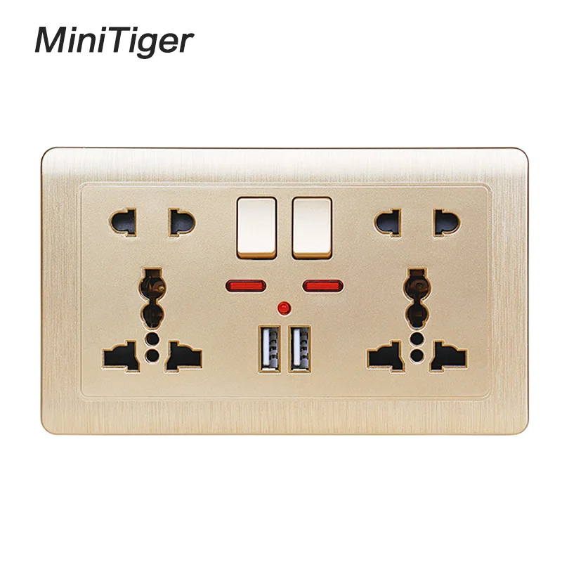 Minitiger Gold Wall Power Socket Double Universal 5 Hole Switched Outlet 2.1A Dual USB Charger Port LED indicator 146mm*86m