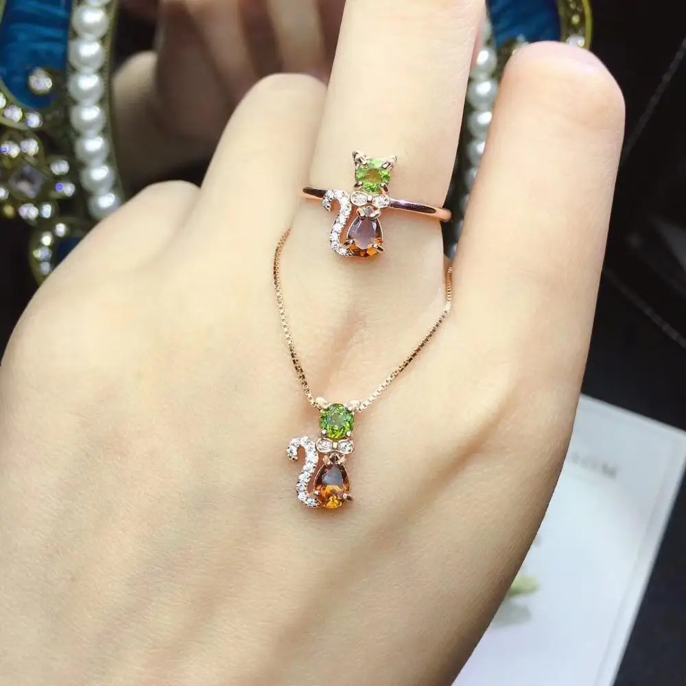 cat shape yellow green tourmaline ring  and necklace jewelry set real 925 silver natural gem child girl boy birthday gift