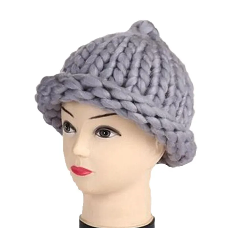 BomHCS Solid Color Handmade Knitted Hat Coarse Yarn Warmer Crochet Cap