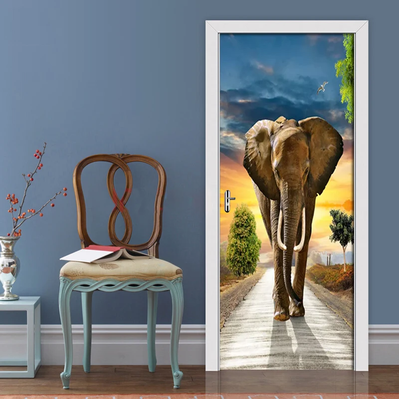 Door Mural Christmas Decorative 3D Door Sticker Self Adhesive Elephant On The Road Wallpaper Poster Home Decor 3D Wall Stickers