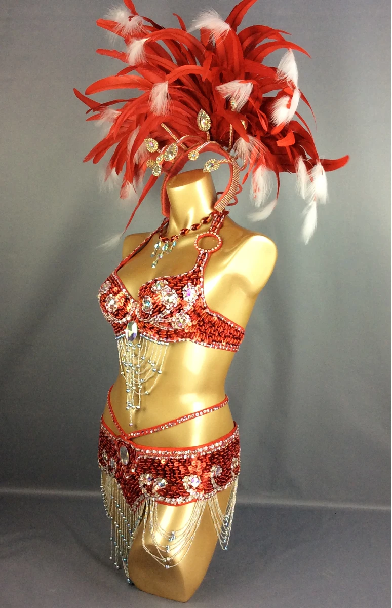 Hot Parade Costumes Women Showgirl Sexy Samba Queens Rio Carnival Costume With Feather Headdress Red Belly Dance Clothes Outfits