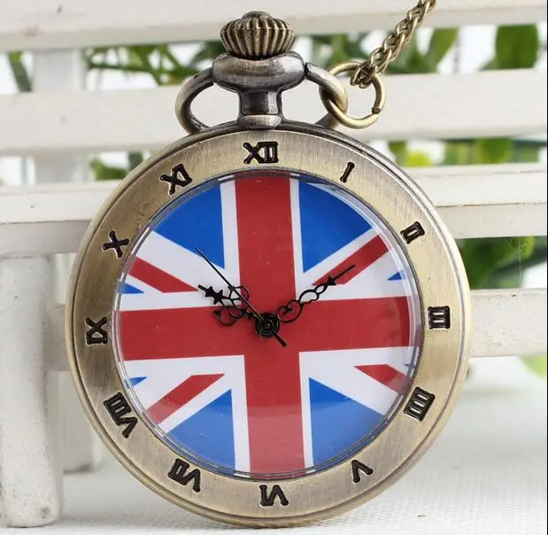 British flag Roman numerals Fashion quartz men and woman Retro classic gift pocket watch and fob chain gift