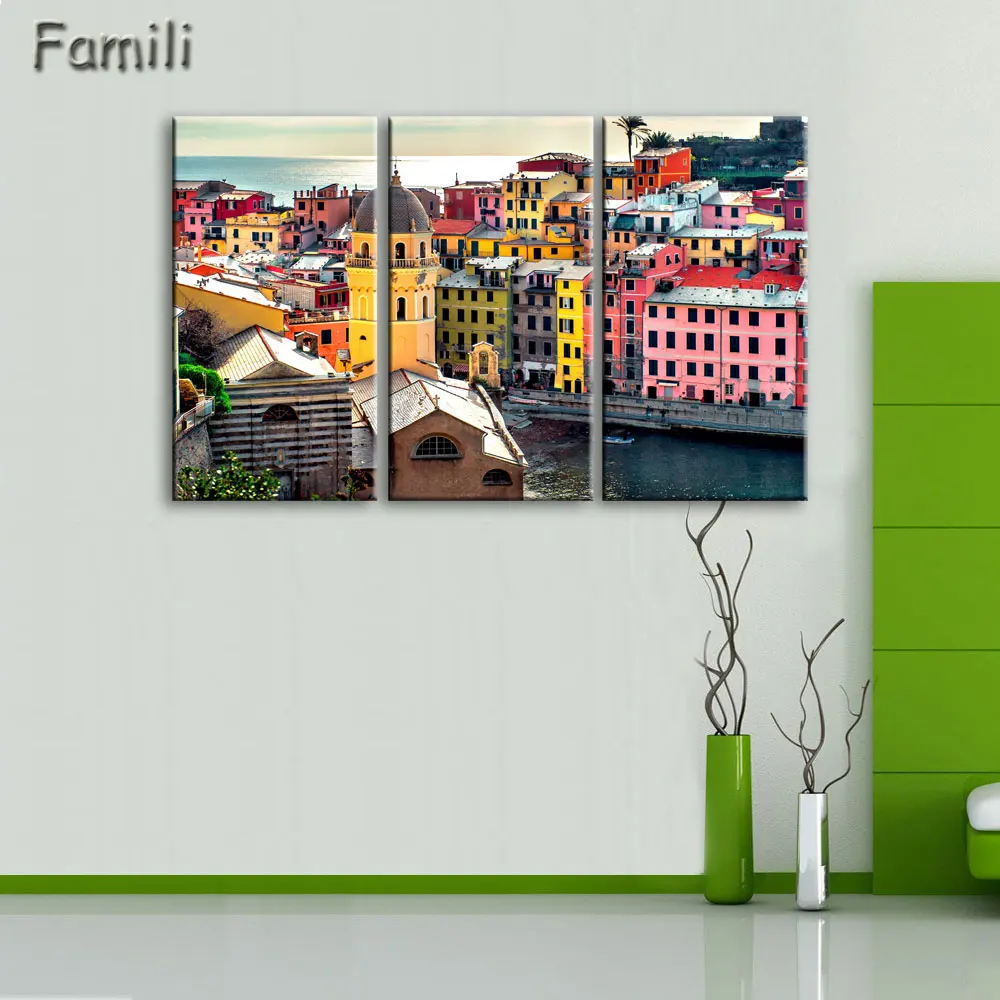 3Panel Living room bedroom home wall decoration fabric poster cefalu italy sicily sea landscape mountain rock church houses