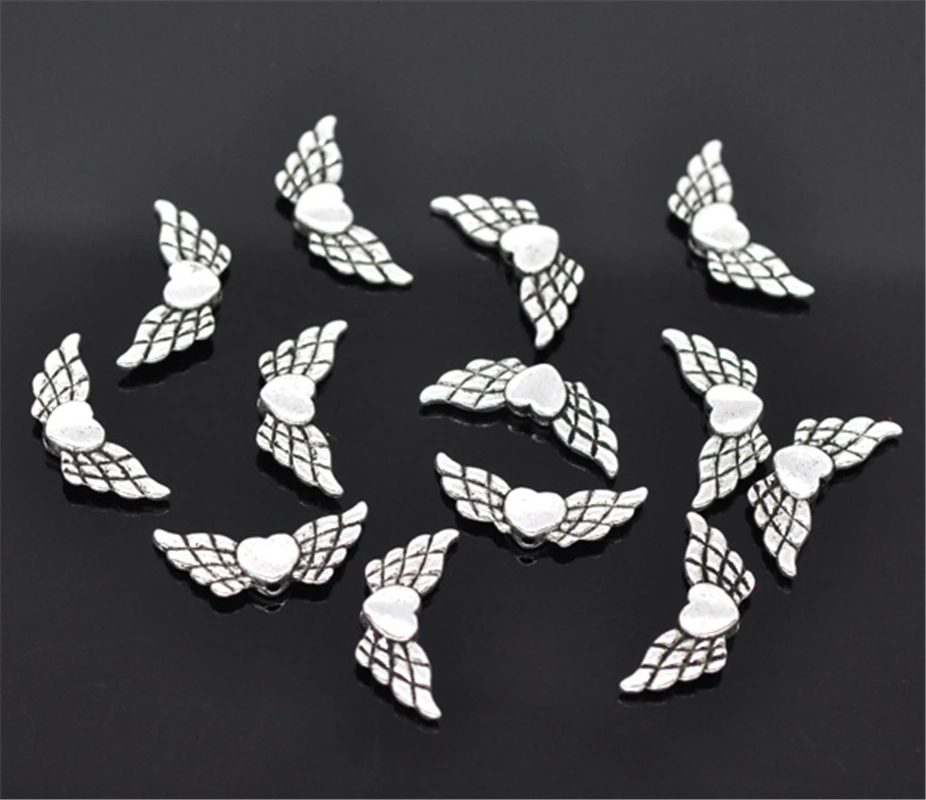 DoreenBeads 50PCs Silver Color Heart& Wing Spacer Beads Gold Color Loose Beads for DIY Jewelry Making  22x9mm (B13230), yiwu