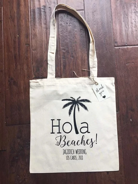 

personalized Hola Beaches destination wedding birthday thank you tote bags, Bachelorette Tote Bags, bridesmaid canvas Tote Bags