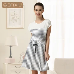 Women's Pajamas Striped Home Clothes Patchwork Sleepshirts Cotton Short Sleeve Round Collar Sleepwear Nightgown Casual Dress