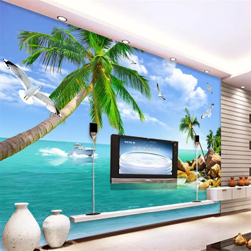 

Beibehang 3D wallpaper Custom Wallpaper Mediterranean Scenery Beach Coconut Tree Seagull TV Living Room Bedroom Background Mural