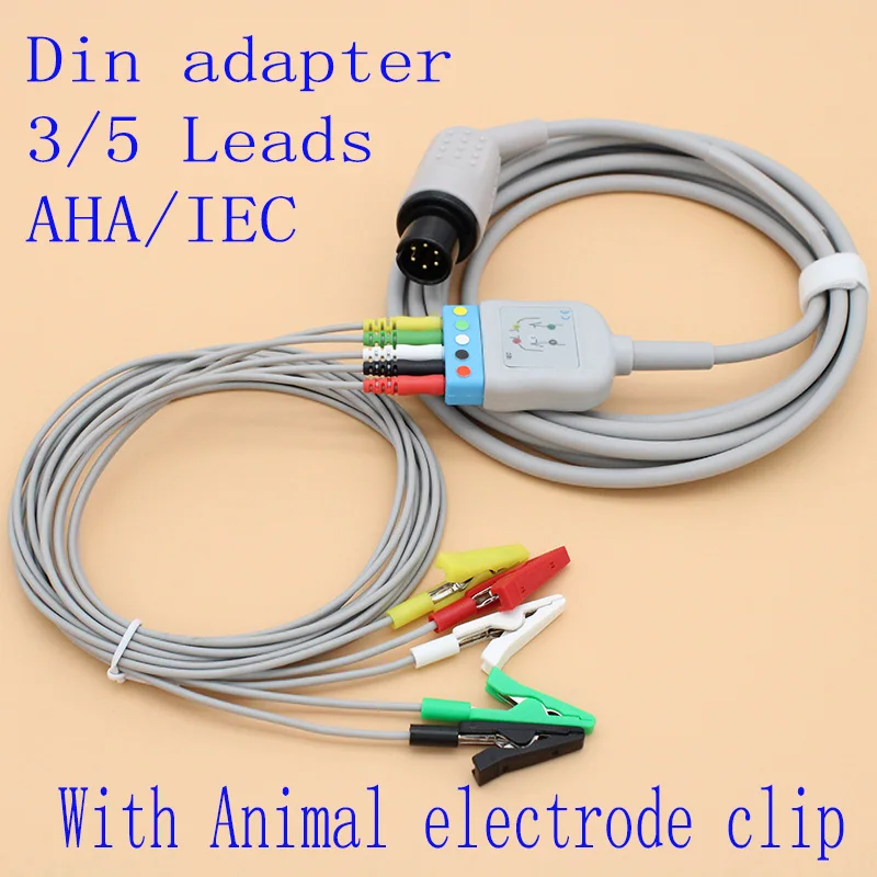 

6P to DIN 3/5 leads ECG EKG trunk cable with veterinarian alligator Electrode Clip leadwire for animal ECG,AHA/IEC.