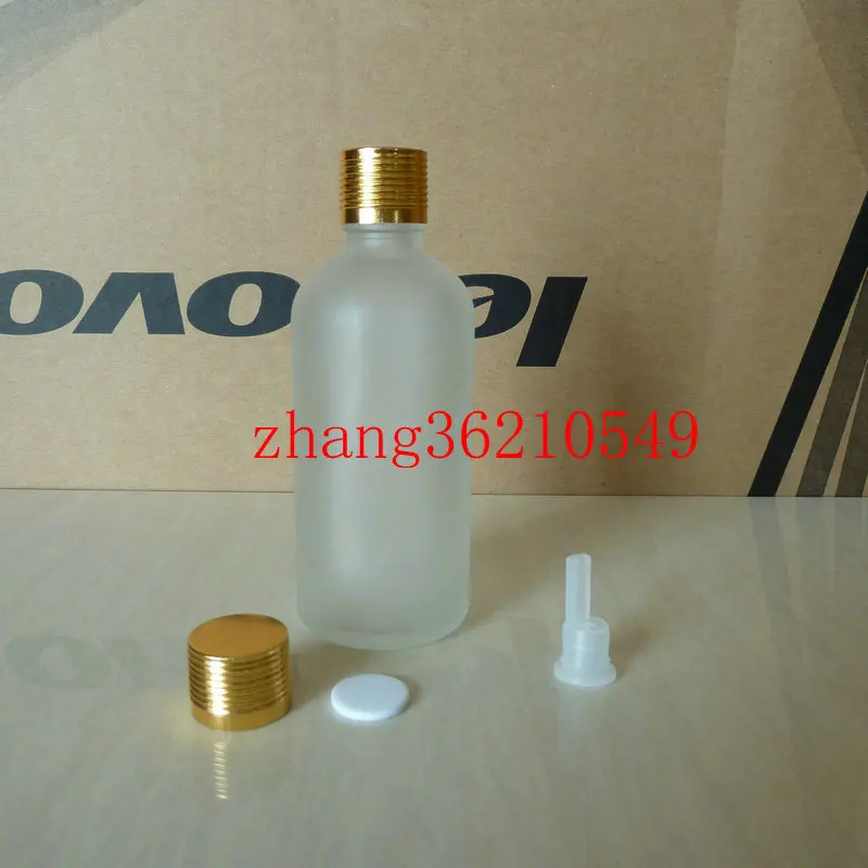 

100ml clear/transparent frosted Glass Essential Oil Bottle With shiny gold aluminum cap. Oil vial, Essential Oil Container