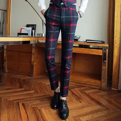 Moda męska spodnie czerwone spodnie męskie Plaid garnitur spodnie męskie spodnie wizytowe Slim Fit Plaid spodnie garnitur casual biuro biznes