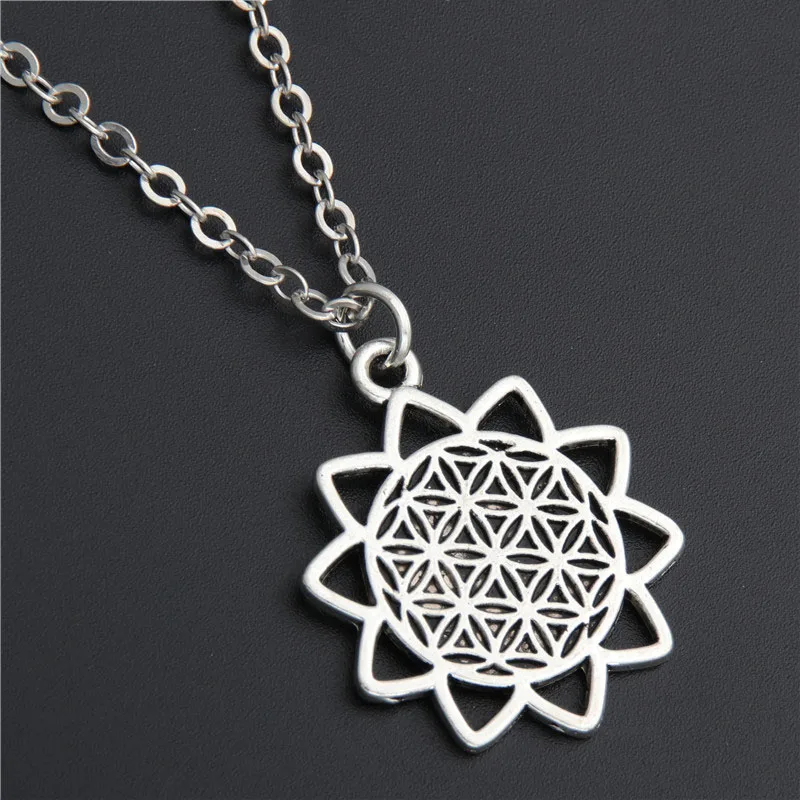 1PC Flower of Life Buddhist Necklace Long Chain Seed of Life Sacred Geometry Jewelry Fleur De Vie Yoga Namaste Necklace