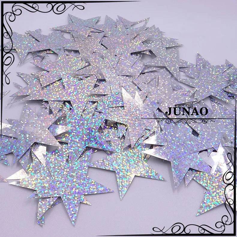 JUNAO 60mm Silver Gold Color Large Laser Star Sequins Sewing Flat Paillette For Clothes Christmas Decoration Crafts 100g