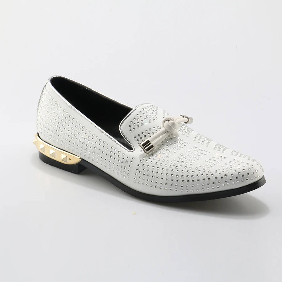 White Genuine Leather Men\'s Shoes Rhinestone Studded Casual Shoes Crystal Loafers Mens Party Dress Shoes Espadrilles Flats