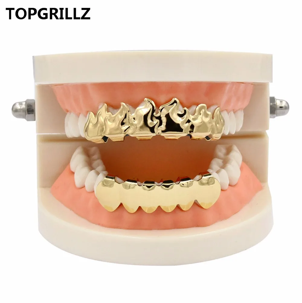 TOPGRILLZ  Gold Color Plated HIP HOP Teeth Grillz Flame Leaf Top & Bottom Grill Set With silicone Vampire teeth Christmas Gift