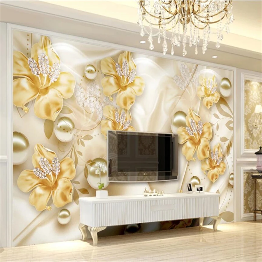 

Custom wallpaper 3d murals gold jewelry flower papel de parede beautiful TV background wall papers home decor mural 3d wallpaper