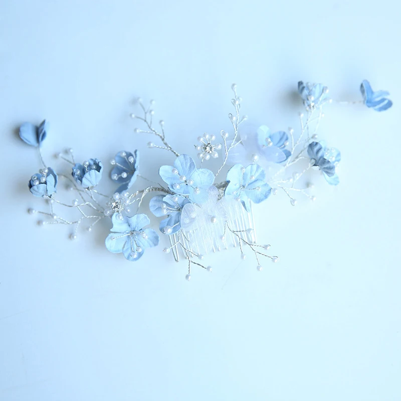 Jonnafe Light Blue Floral Hair Comb Wedding Accessories Pearls Bridal Hair Jewelry Handmade Women Ornaments