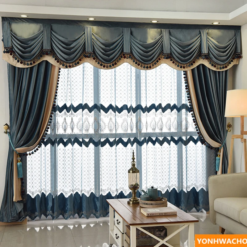 Custom curtains high grade luxury European grey splice thick Italian velvet cloth blackout curtain tulle valance drapes N950