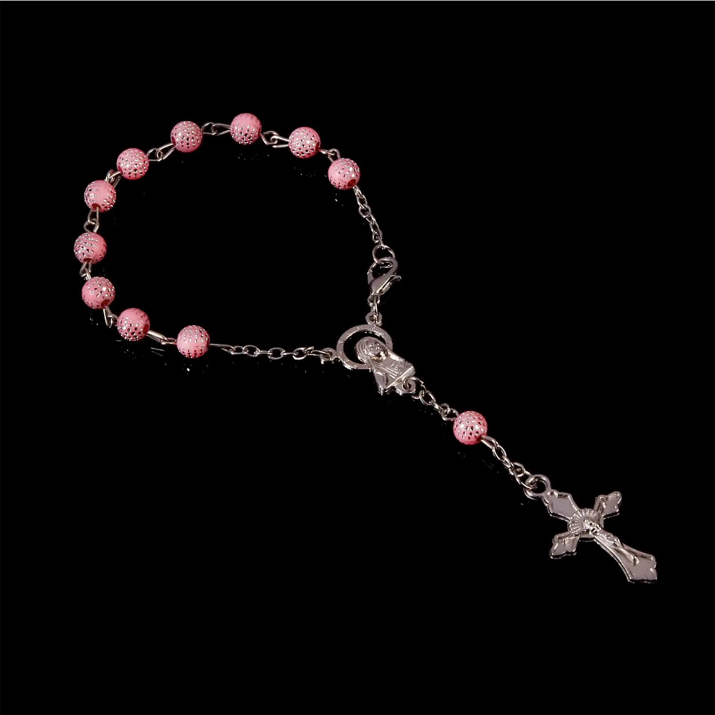 Religious Jewelry Crystal Pearl Pink Catholic Bracelet Mini Communion Rosary Blessing Benefits. Guadalupe Medal Bracelet