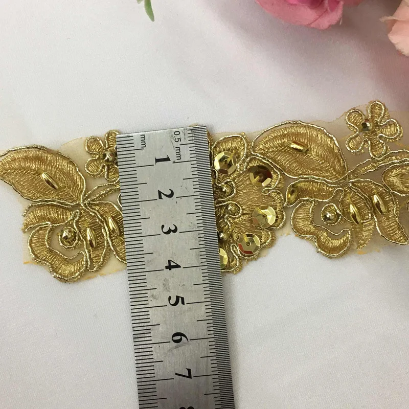 1-5Yds/Lot 4Cm Wide Delicate Wedding Dress Sequin Beaded Flower Lace Applique Gold Thread Embroidery Lace Accessories Trim Gold