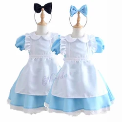 Halloween Kids Girls Anime Alice Adventures Blue Party Dress Alice Dream Child Sissy Maid Lolita Cosplay Costume