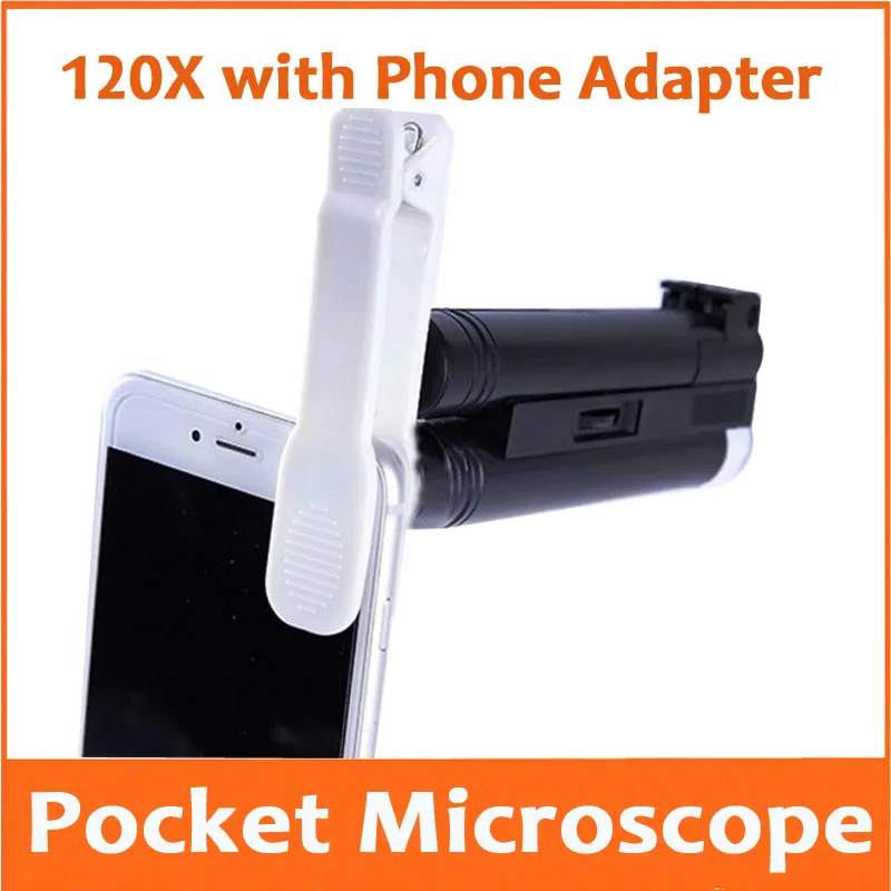 120 Times Led Illuminated Adjustable Zoom Pocket Microscope 120X Magnifier for Jewelry Identification with Mobile Phone Adapter