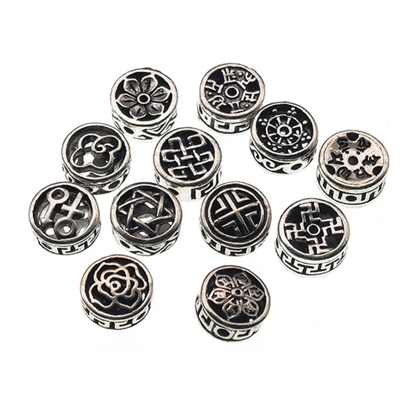 10pcs 12x6mm Antique Silver Flower Round Flat Beads DIY Charms Bracelet Spacer Metal Beads For European Craft Jewelry Making