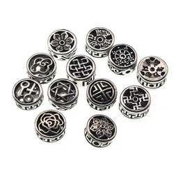 10pcs 12x6mm Antique Silver Flower Round Flat Beads DIY Charms Bracelet Spacer Metal Beads For European Craft Jewelry Making
