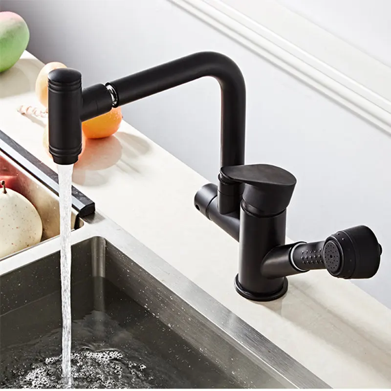 

Kitchen Faucet with Shower Head Multi-function pull out Sprayer Sink Mixer Tap Black chrome Cool and Hot Single Handle hole tap