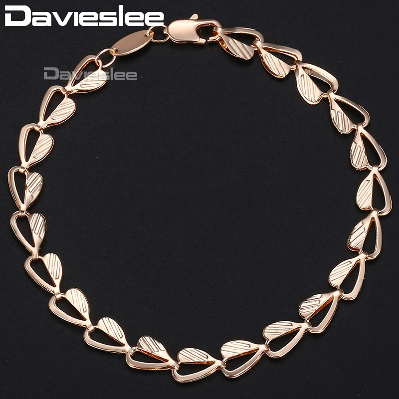 Davieslee Rose Gold Color Bracelet For Women Heart Leaf Shape Chain Bangle Hand Catenary Link 6mm 18.5cm Dropshipping LGB424A