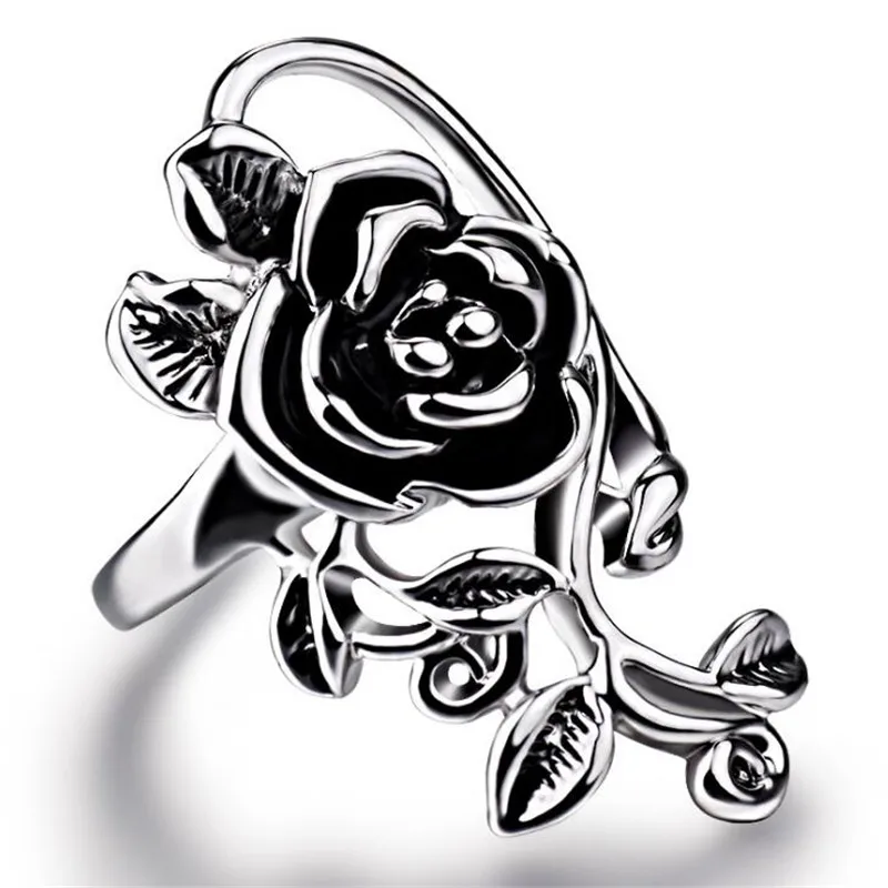 Romantic Fashion Wedding Jewelry Rose Flower Rings for Women Stainless Steel Silver Color Plant Flower Rings