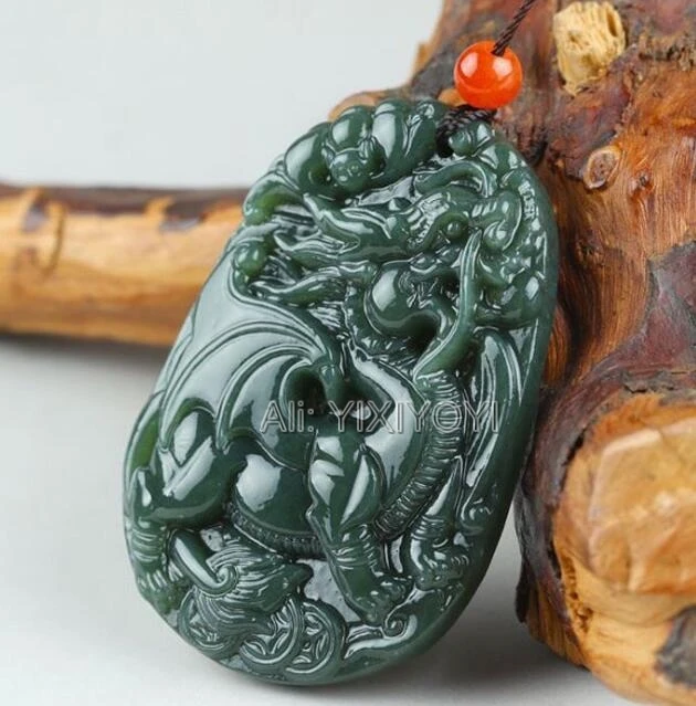 Trendy Natural Dark Green HeTian Jade Carved Chinese Kylin Dragon Amulet Lucky Jade Pendant Necklace Charm Fine Jewelry