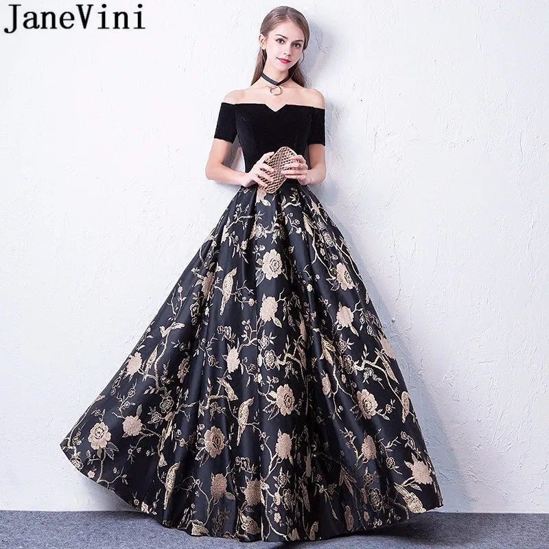 

JaneVini Black Floral Flowers Long Party Dresses For Wedding Formal Gowns Short Sleeve Gold Print Bridesmaid Dresses For Women