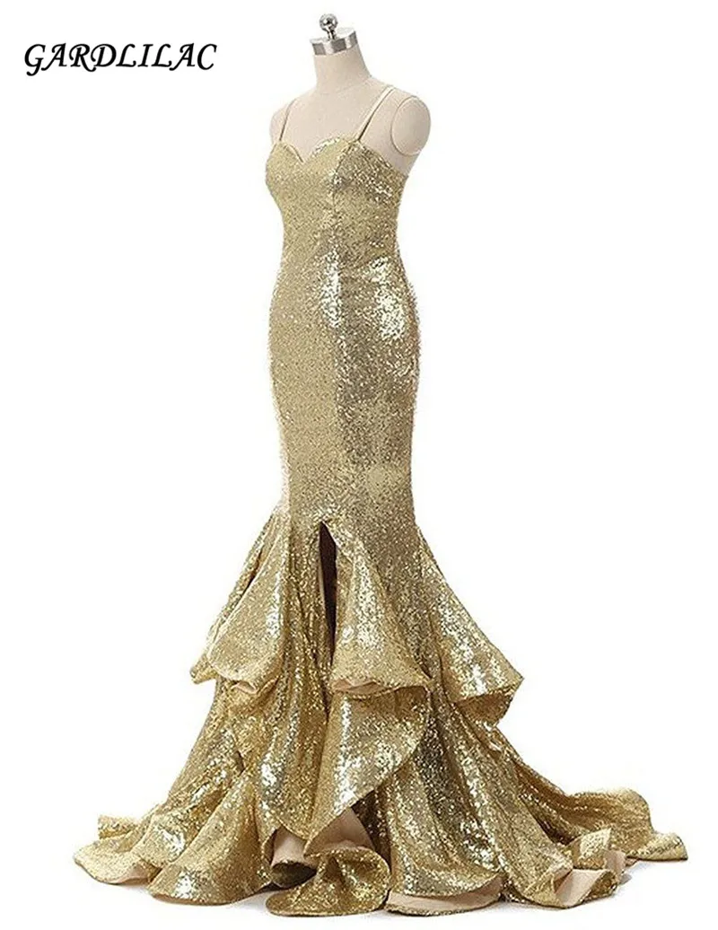 Vestido largo de fiesta de sirena dorado con lentejuelas brillantes, Vestido de noche largo con tirantes finos, con abertura y espalda descubierta