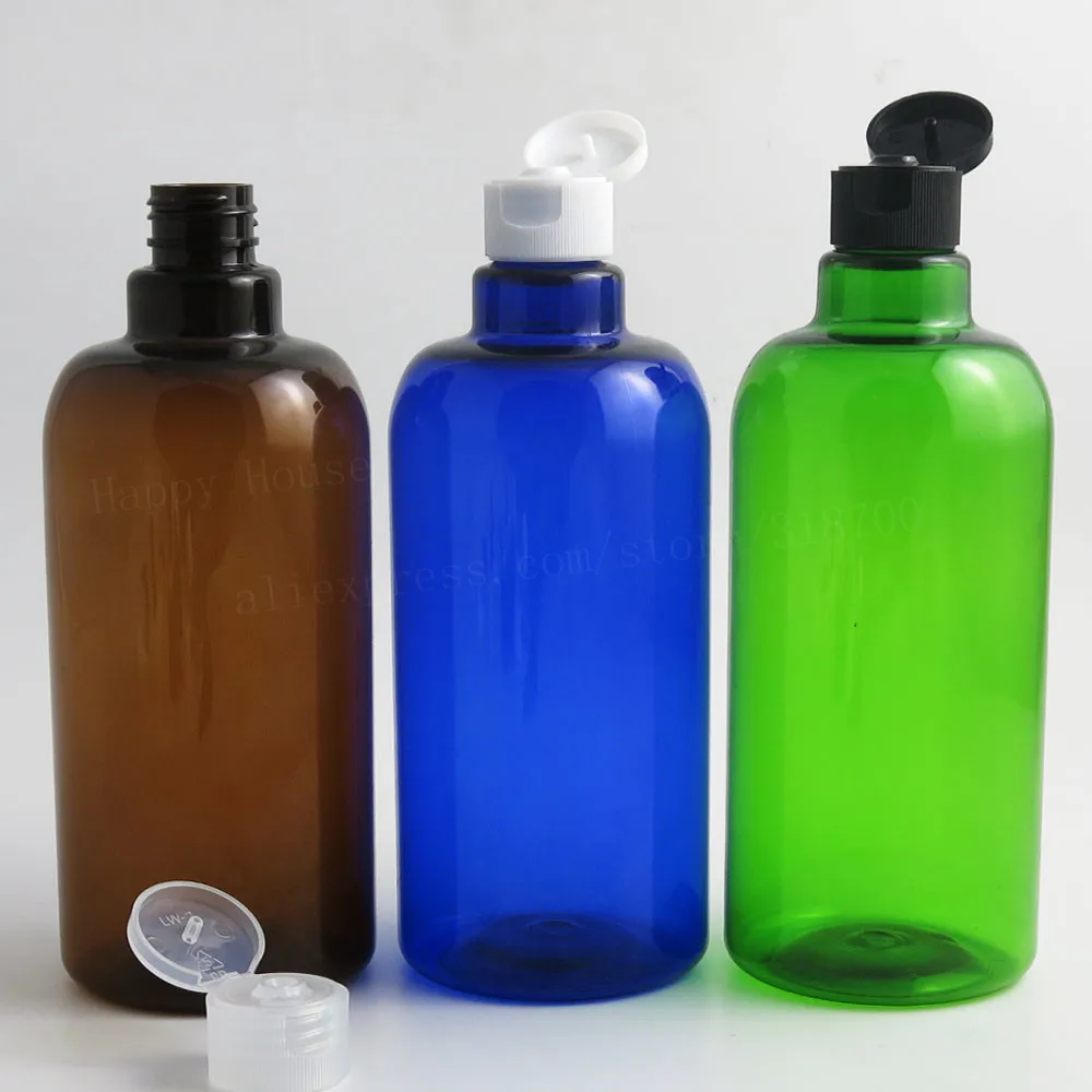 

12 x 500ml Refillable Shampoo PET Bottles with Flip Top Caps Empty Blue Green Amber Plastic Cream Lotions Packaging Container