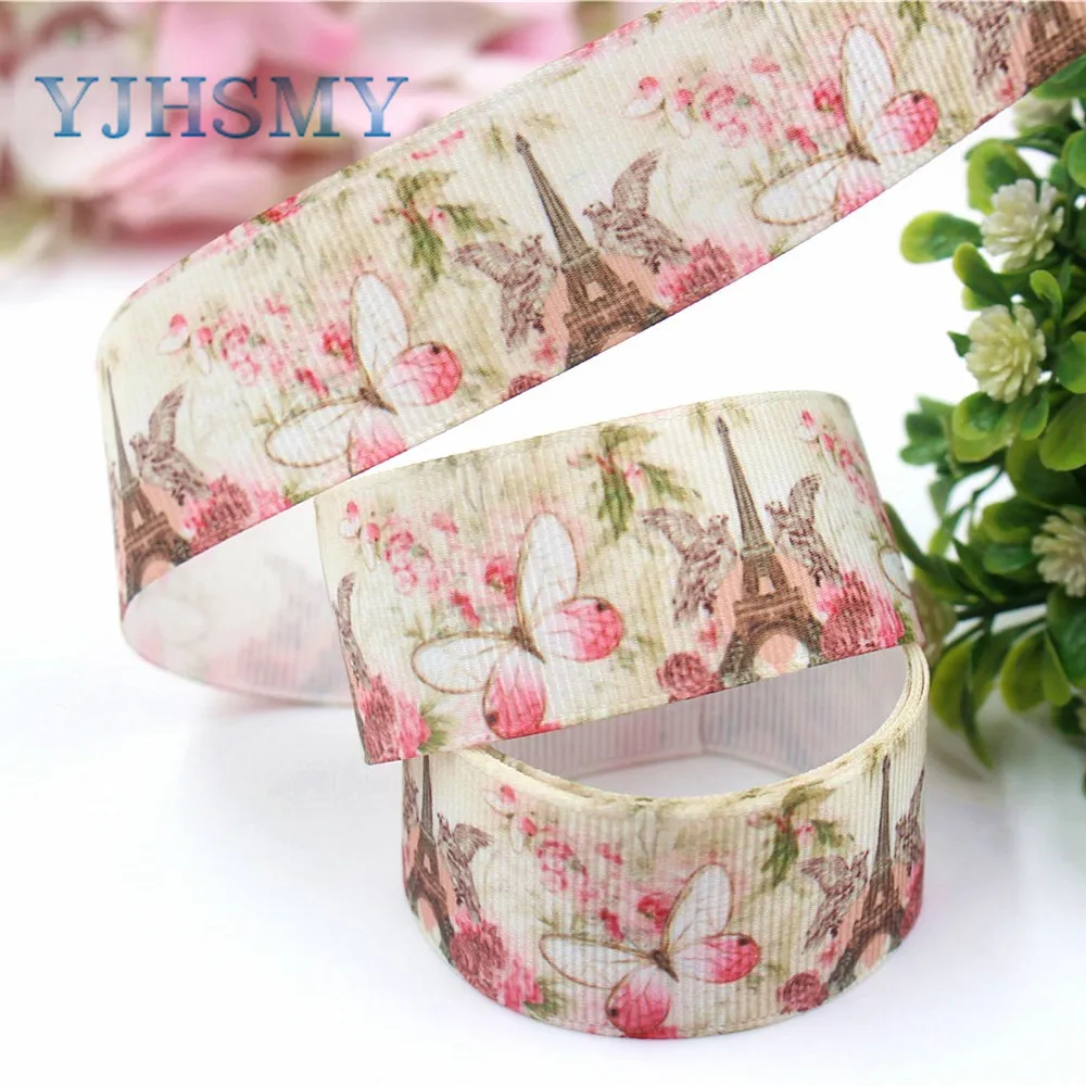 YJHSMY I-19222-440, 25mm 10yards Tower butterfly Thermal transfer Printed grosgrain Ribbons,bow cap DIY accessories decorations