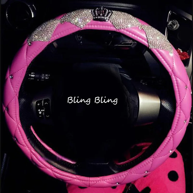 Luxury Crystal Crown Leather Car Steering Wheel Covers with Bling Bling Rhinestones for Girls Universal Car Interior Accessories