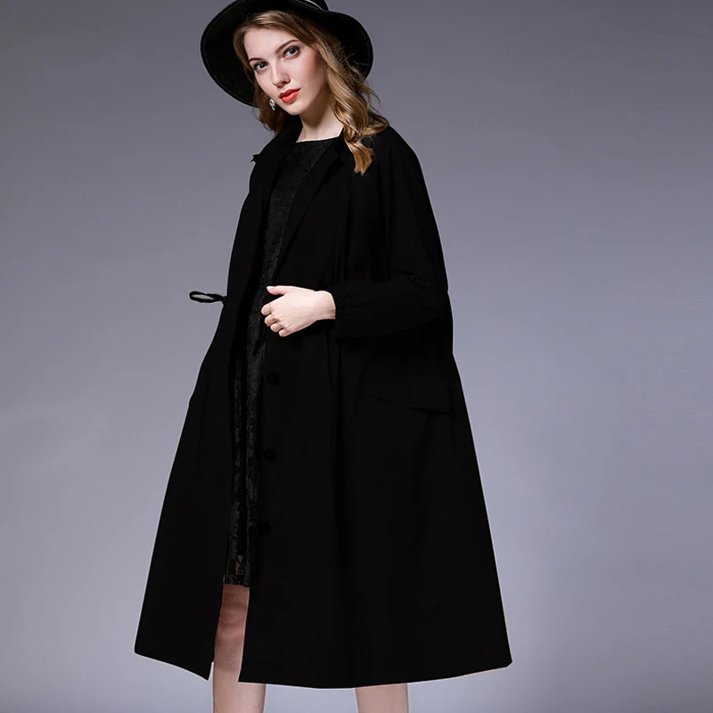 Plus Size Womens Loose Fashion Trench Coat Temperament Elegant Coat Oversize Long Sleeve Collect Waist Solid Autumn Coats New