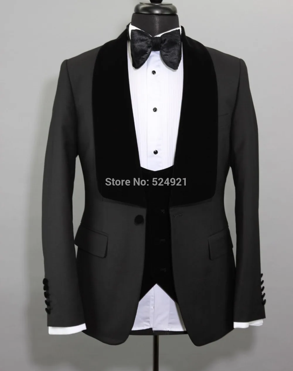 

Custom Made Men Suits Black Groom Tuxedos Shawl Velvet Lapel Groomsmen Wedding 3 Pieces ( Jacket+Pants+Vest+Bow Tie ) C533