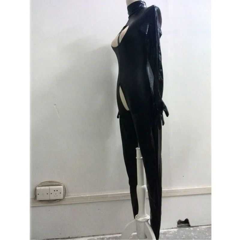 Catsuit Sexy de látex de PVC para mujer, Body de busto abierto de cuero de imitación wetlook negro, disfraz erótico caliente gay, mono de