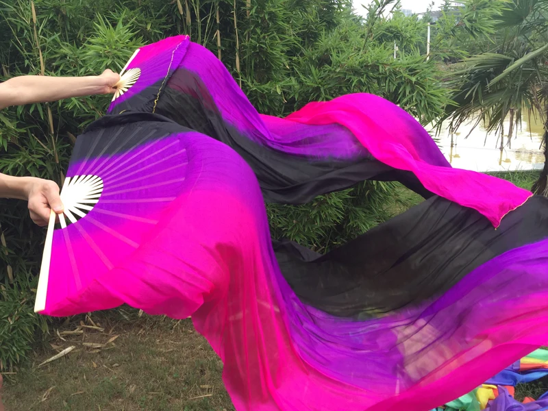 Vertical color belly dancing 100% real Silk  Fan Veils Sexy belly dance Pure real Silk Fans Stage Fans Props Black/Purple/Pink