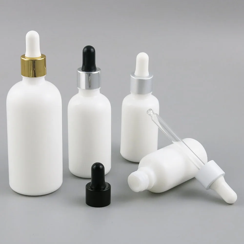 360pcs/lot 30ml 50ml 100ml Essential Oil Bottles With Gold Silver Black Dropper Boston Round White Perfume Bottle