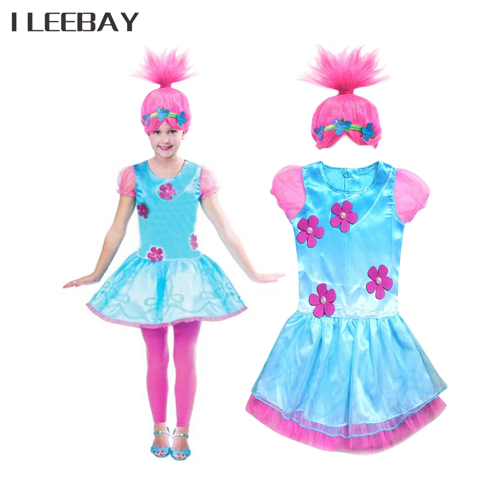 Baby Girl Trolls Princess Dress+Wig Children Cartoon Flower Dress Kids Halloween Poppy Cosplay Clothes Costume Vestidos Infantil