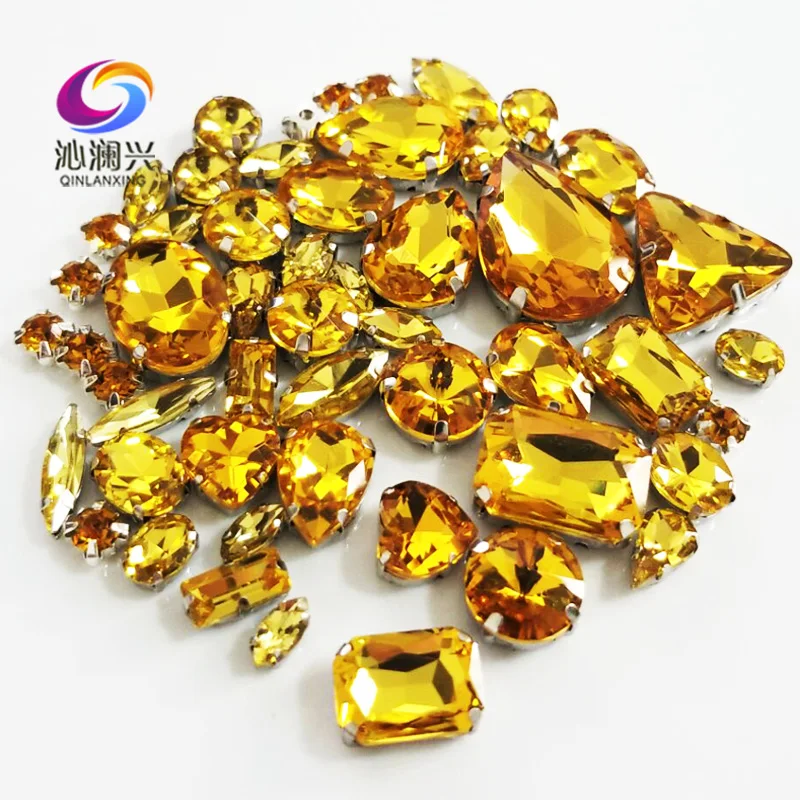68pcs/bag Shiny Golden Yellow Mix Size Top-level Glass Crystal Material Sew on Rhinestones,diy Sewing Accessories