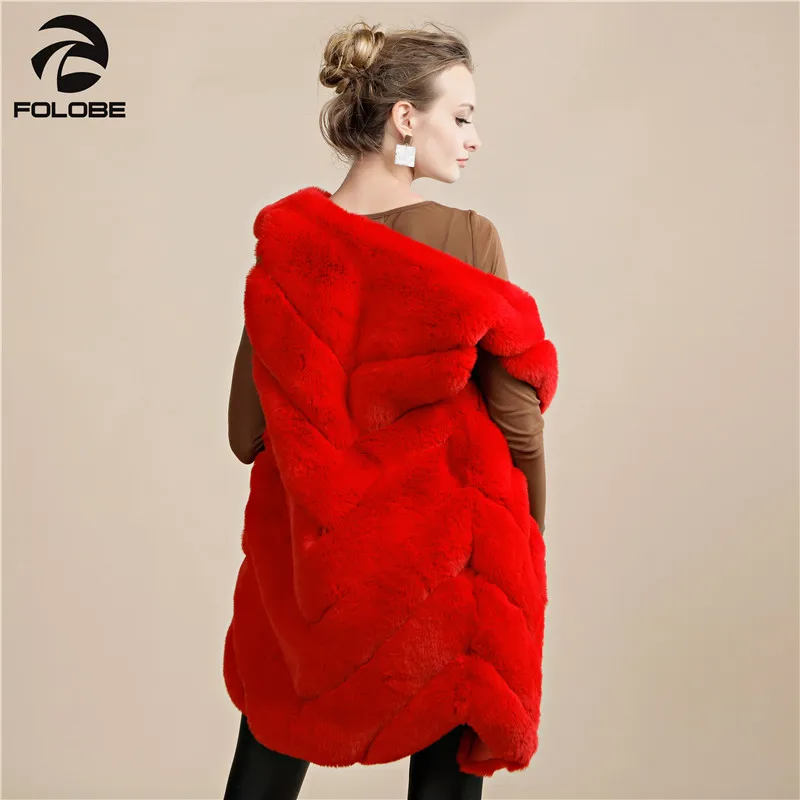 Folobe inverno colete casaco para mulher natural real do falso casacos de pele vermelho sem mangas longo jaqueta gilet fourrure manteau mulher roupas